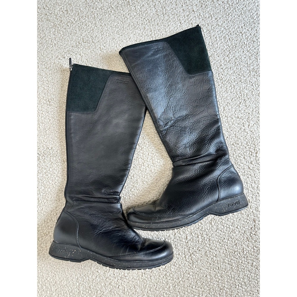 Teva Afton Leather Tall Knee High Boots Ribbed Calf Speckle Sole Size 9 Black